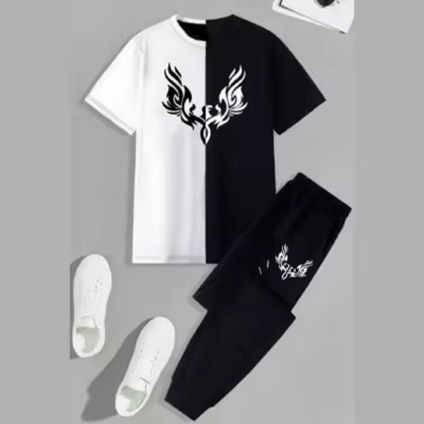 New Trendy Black & White T-shirt & Trouser Printed Tracksuit