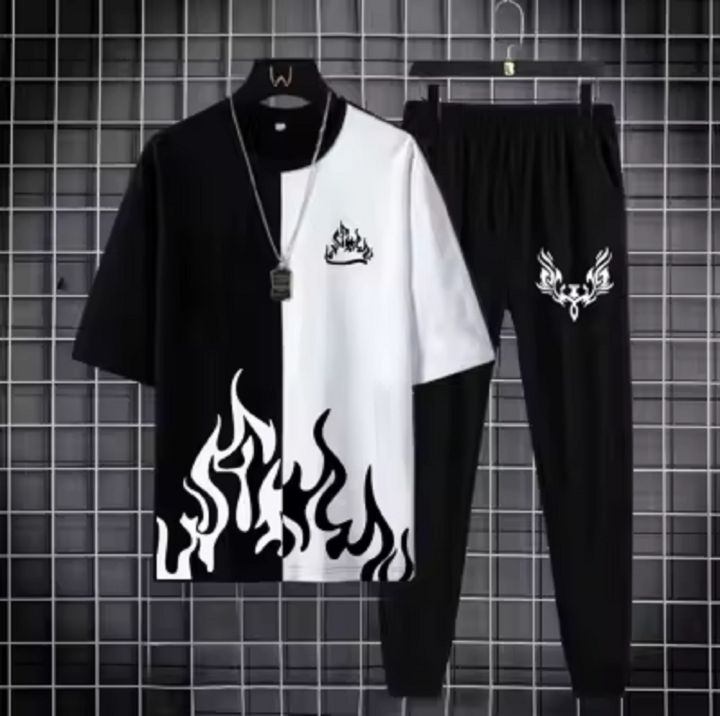 New Trendy Black & White T-shirt & Trouser Printed Tracksuit