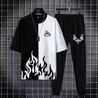 New Trendy Black & White T-shirt & Trouser Printed Tracksuit