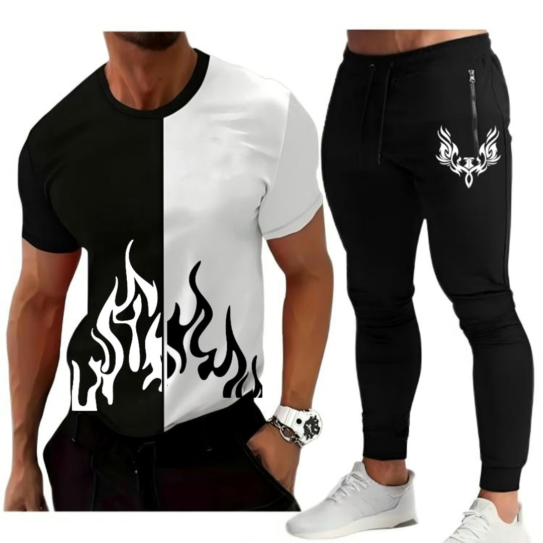 New Trendy Black & White T-shirt & Trouser Printed Tracksuit