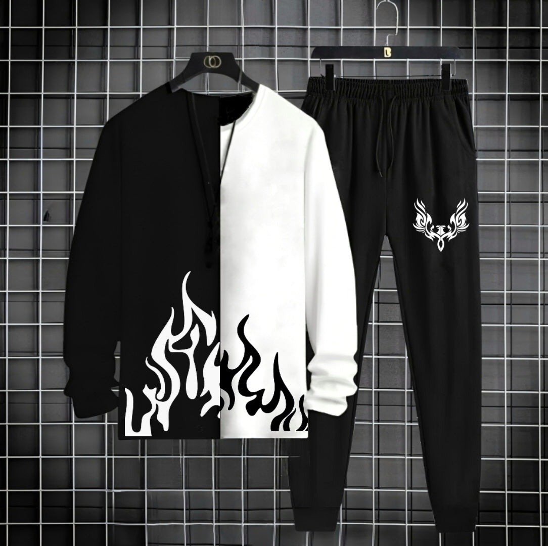 New Trendy Black & White T-shirt & Trouser Printed Tracksuit